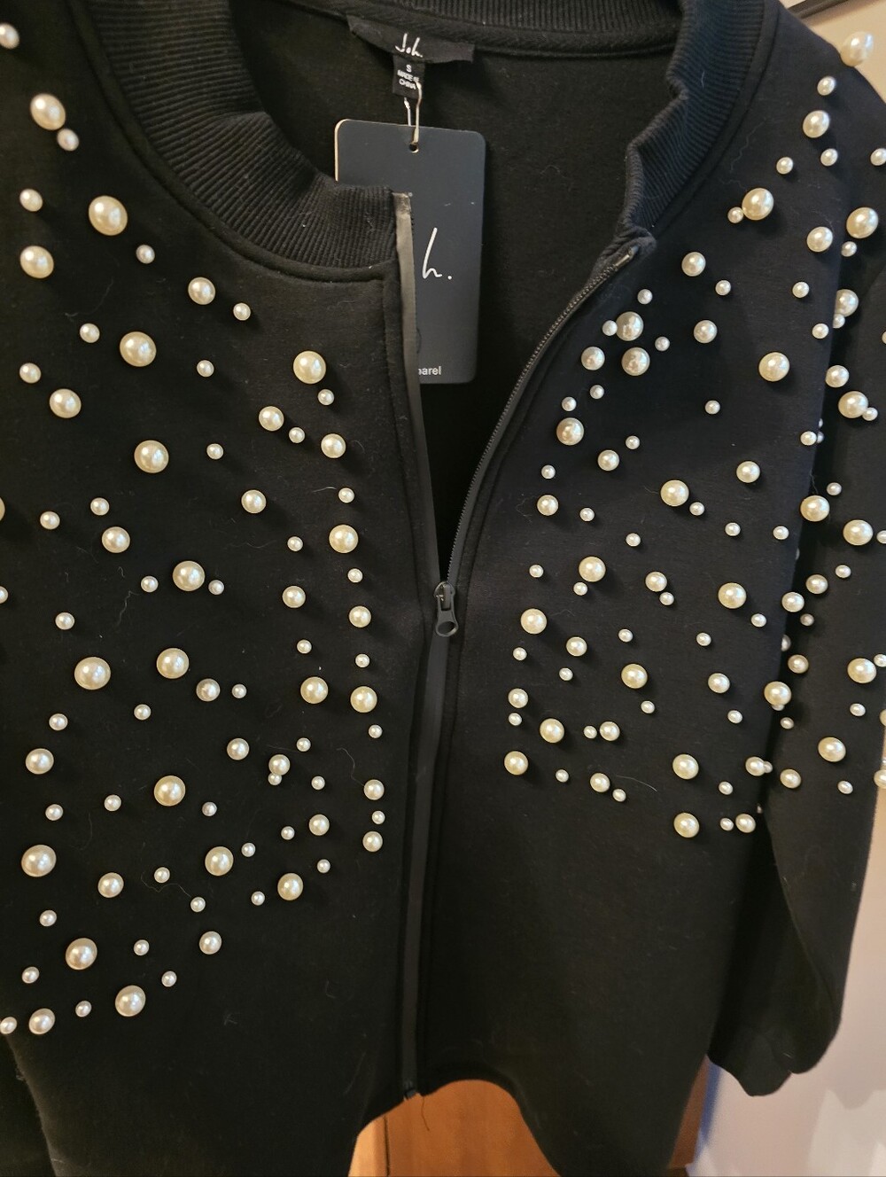 NWT JOH Black Pearl Embellished Scuba Zip Jacket-Small